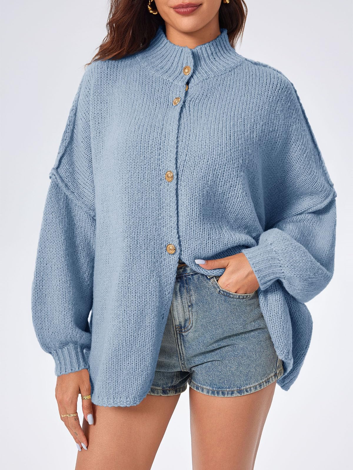 Foto 4 pulgar | Jersey De Punto Saodimallsu De Poliéster Azul De Gran Tamaño Para Mujer - Venta Internacional.