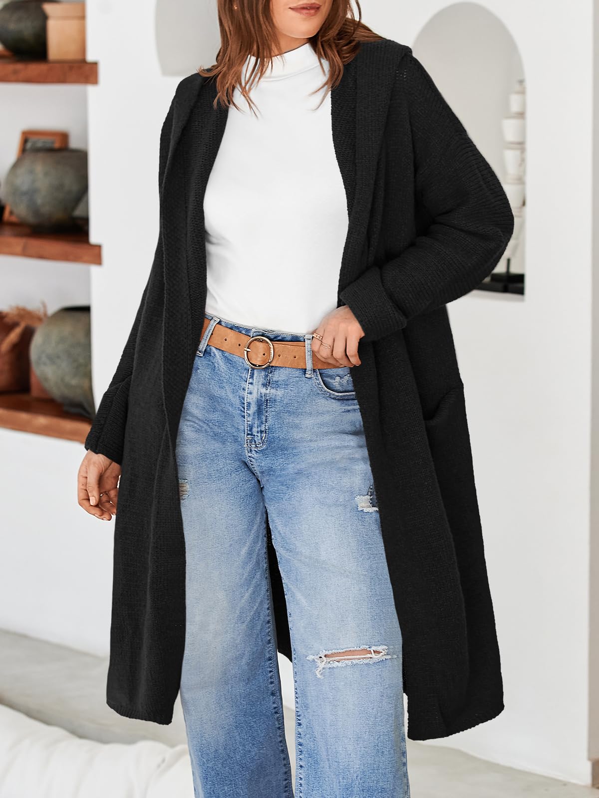 Foto 6 pulgar | Cárdigan Saodimallsu Para Mujer, Extragrande, Con Capucha, Largo, Negro - Venta Internacional.