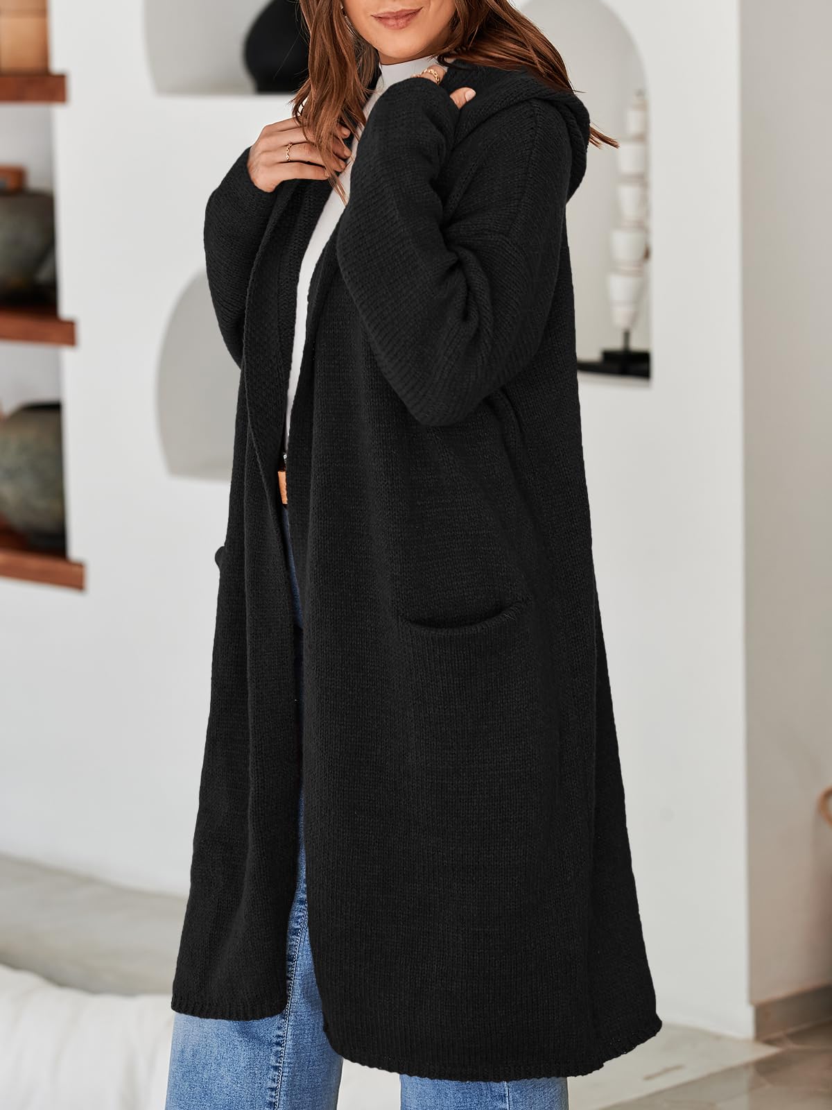 Foto 7 pulgar | Cárdigan Saodimallsu Para Mujer, Extragrande, Con Capucha, Largo, Negro - Venta Internacional.