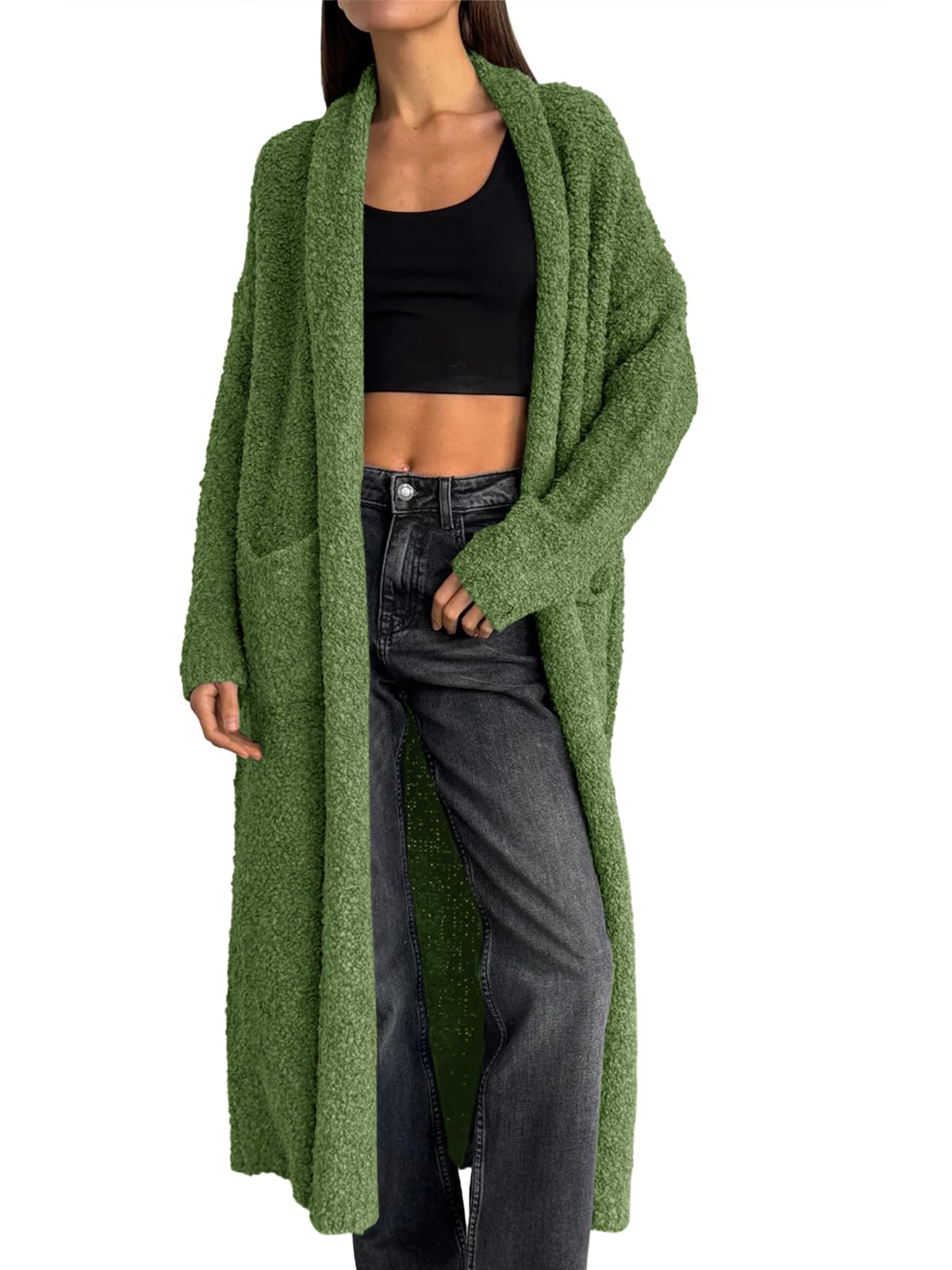 Foto 1 | Jersey Tipo Cárdigan Saodimallsu Para Mujer, Grueso Y Borroso, Con Solapa, Verde - Venta Internacional.