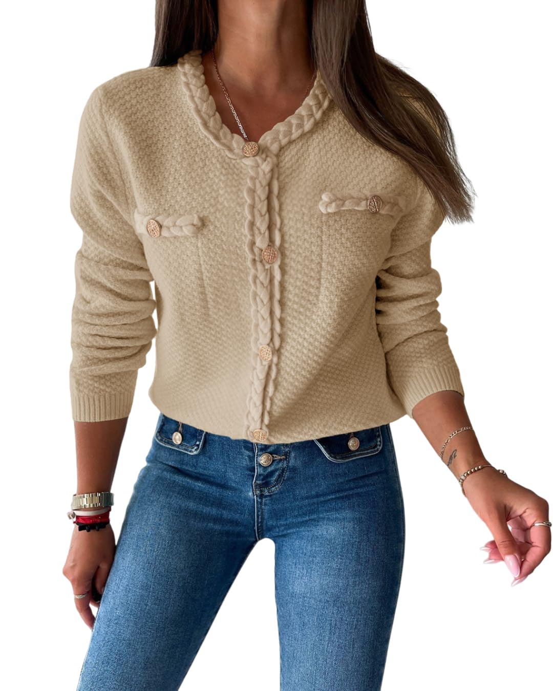 Foto 2 pulgar | Jersey Tipo Cárdigan Saodimallsu Para Mujer, Tejido Trenzado, Color Beige - Venta Internacional.