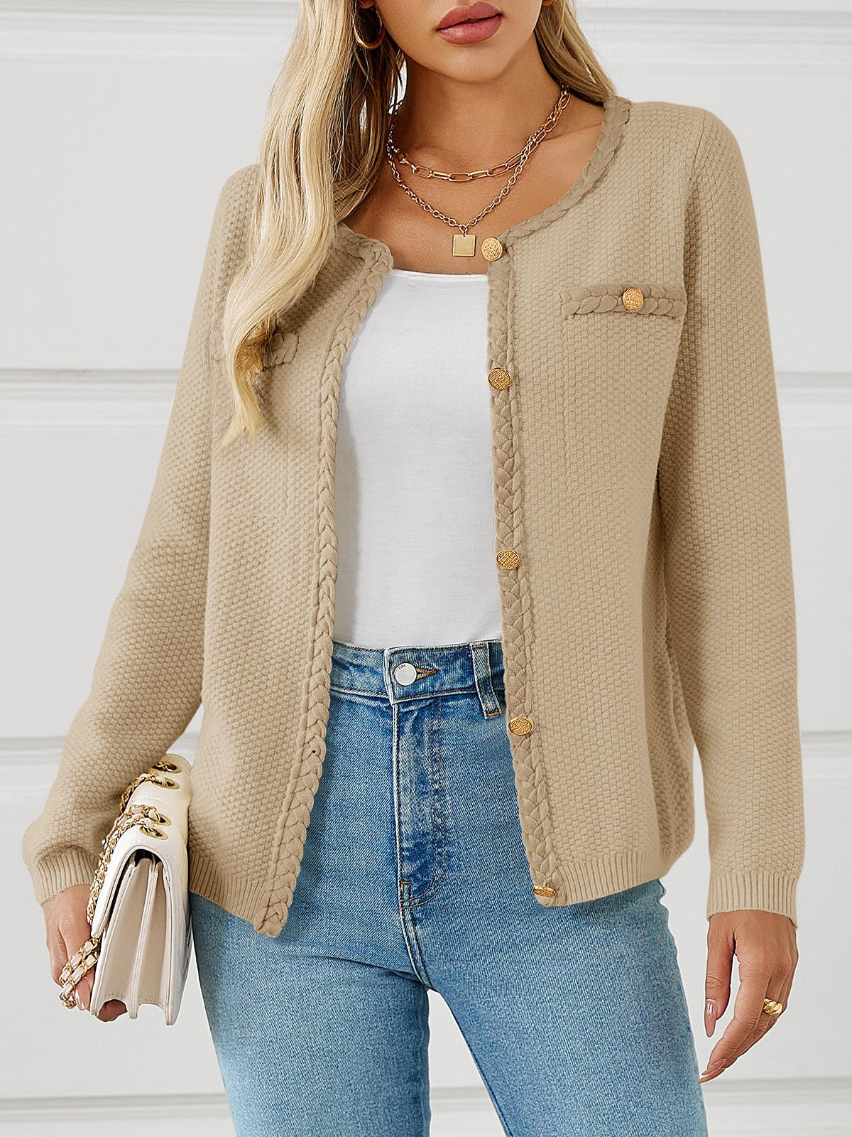 Foto 3 pulgar | Jersey Tipo Cárdigan Saodimallsu Para Mujer, Tejido Trenzado, Color Beige - Venta Internacional.