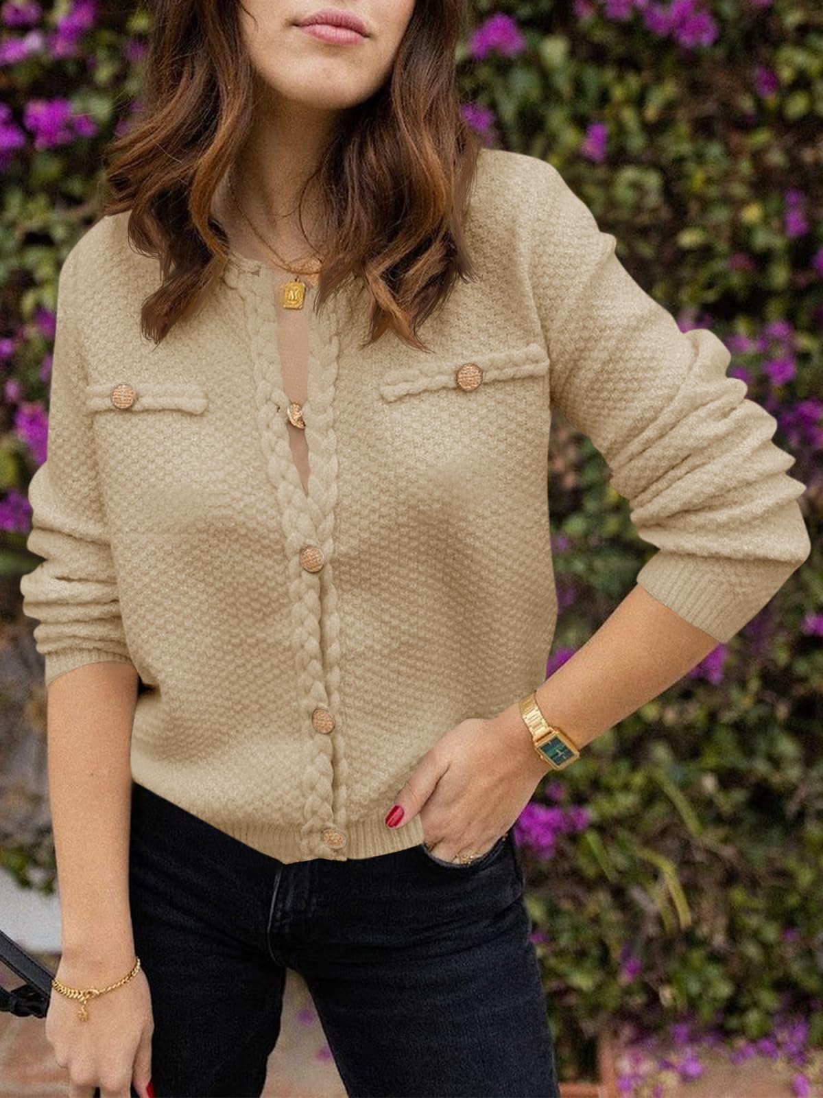 Foto 5 pulgar | Jersey Tipo Cárdigan Saodimallsu Para Mujer, Tejido Trenzado, Color Beige - Venta Internacional.