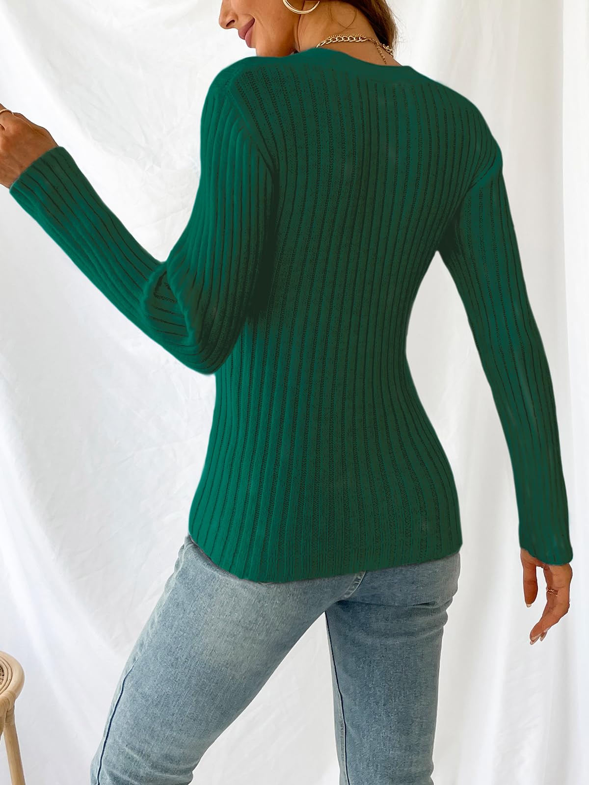 Foto 6 pulgar | Jersey Cupshe Para Mujer, Cuello En V, Manga Larga, Tejido Trenzado, Verde Oscuro - Venta Internacional.