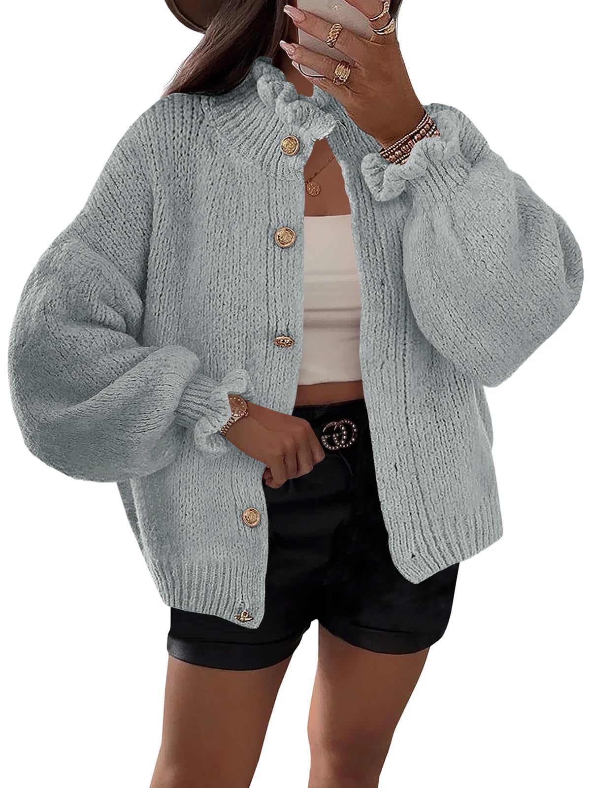 Foto 2 pulgar | Chaqueta De Punto Con Volantes Saodimallsu, Poliéster, Sobredimensionada, Gris - Venta Internacional.
