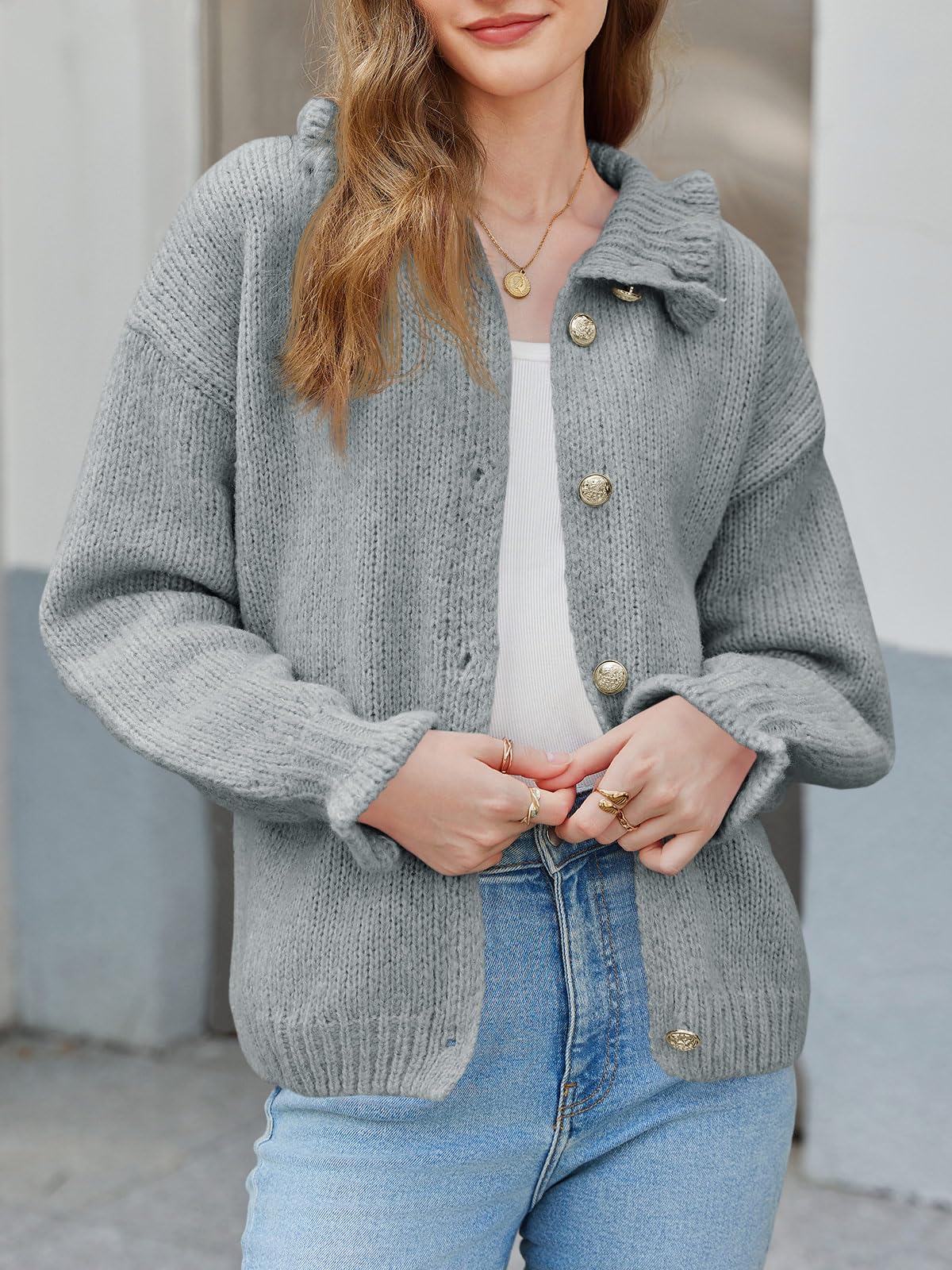 Foto 2 | Chaqueta De Punto Con Volantes Saodimallsu, Poliéster, Sobredimensionada, Gris - Venta Internacional.