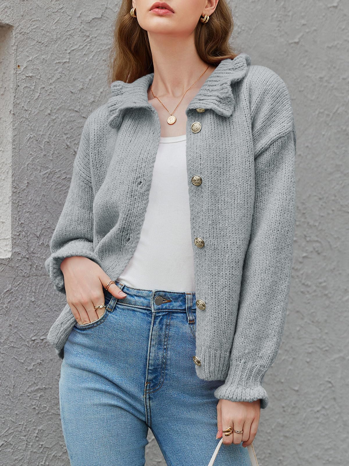 Foto 4 pulgar | Chaqueta De Punto Con Volantes Saodimallsu, Poliéster, Sobredimensionada, Gris - Venta Internacional.