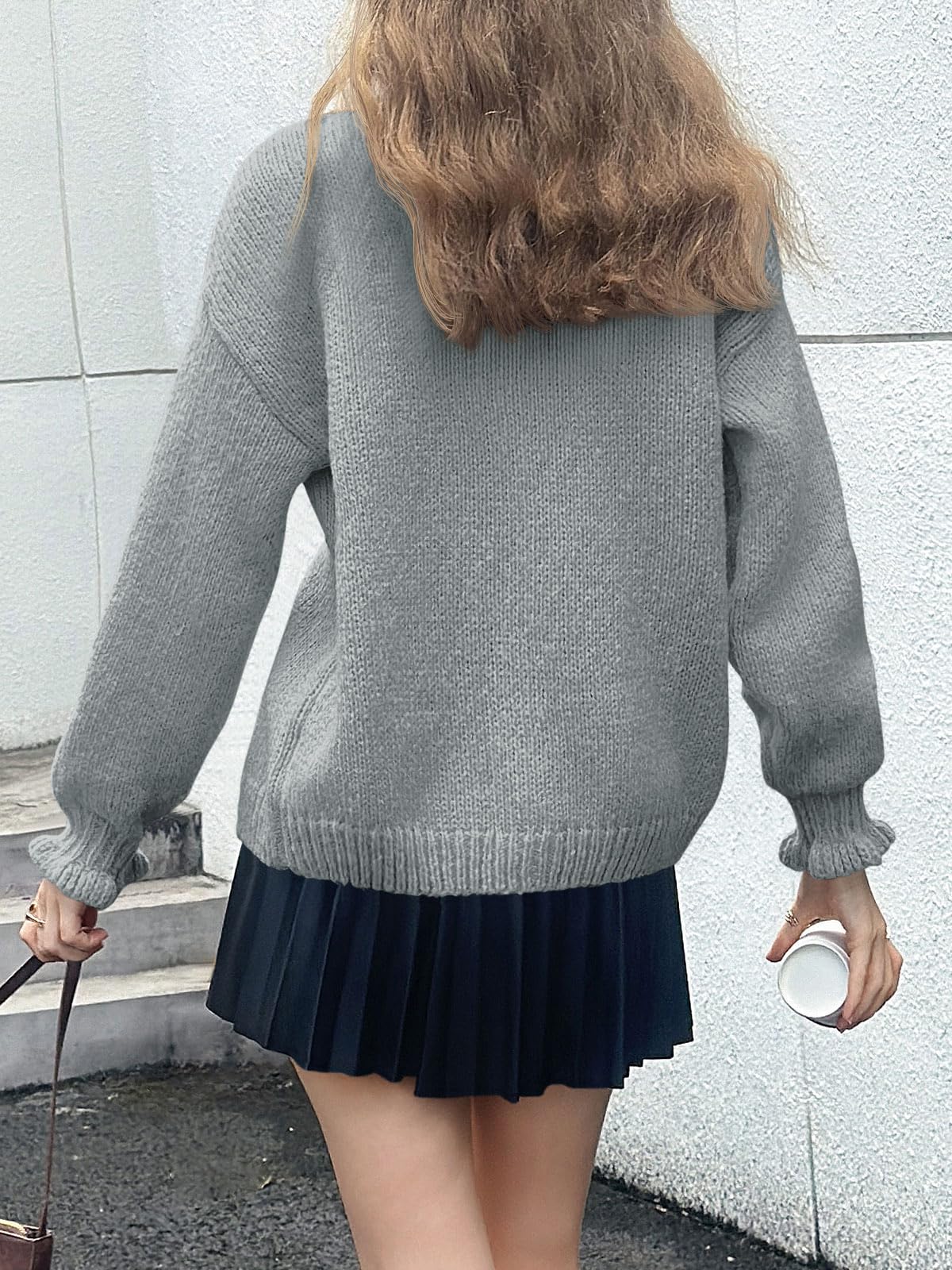 Foto 6 pulgar | Chaqueta De Punto Con Volantes Saodimallsu, Poliéster, Sobredimensionada, Gris - Venta Internacional.