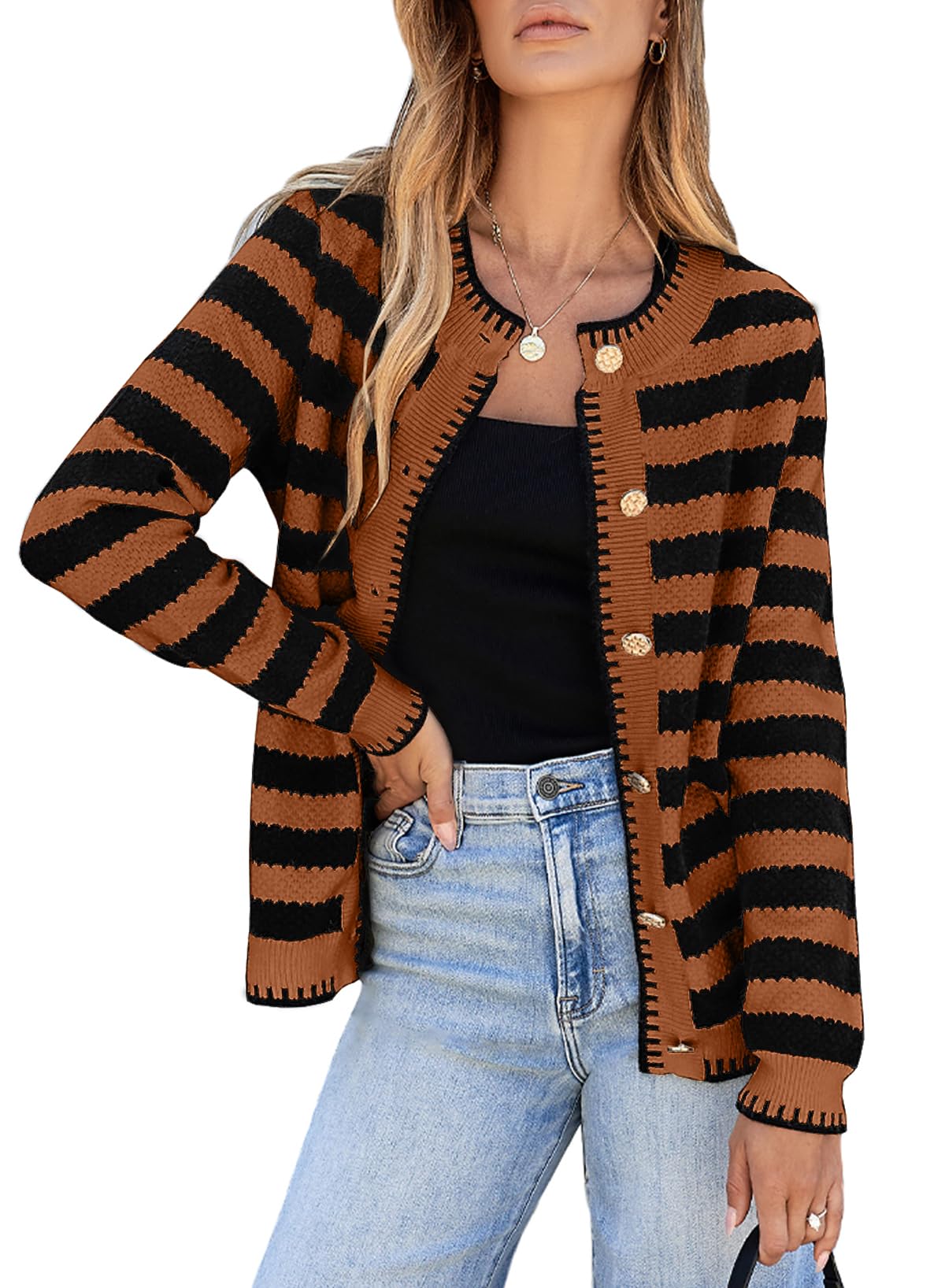 Foto 1 | Suéter Tipo Cárdigan Con Tacto Lateral A Rayas En La Parte Delantera, Marrón, Para Mujer - Venta Internacional.