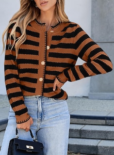 Foto 4 | Suéter Tipo Cárdigan Con Tacto Lateral A Rayas En La Parte Delantera, Marrón, Para Mujer - Venta Internacional.