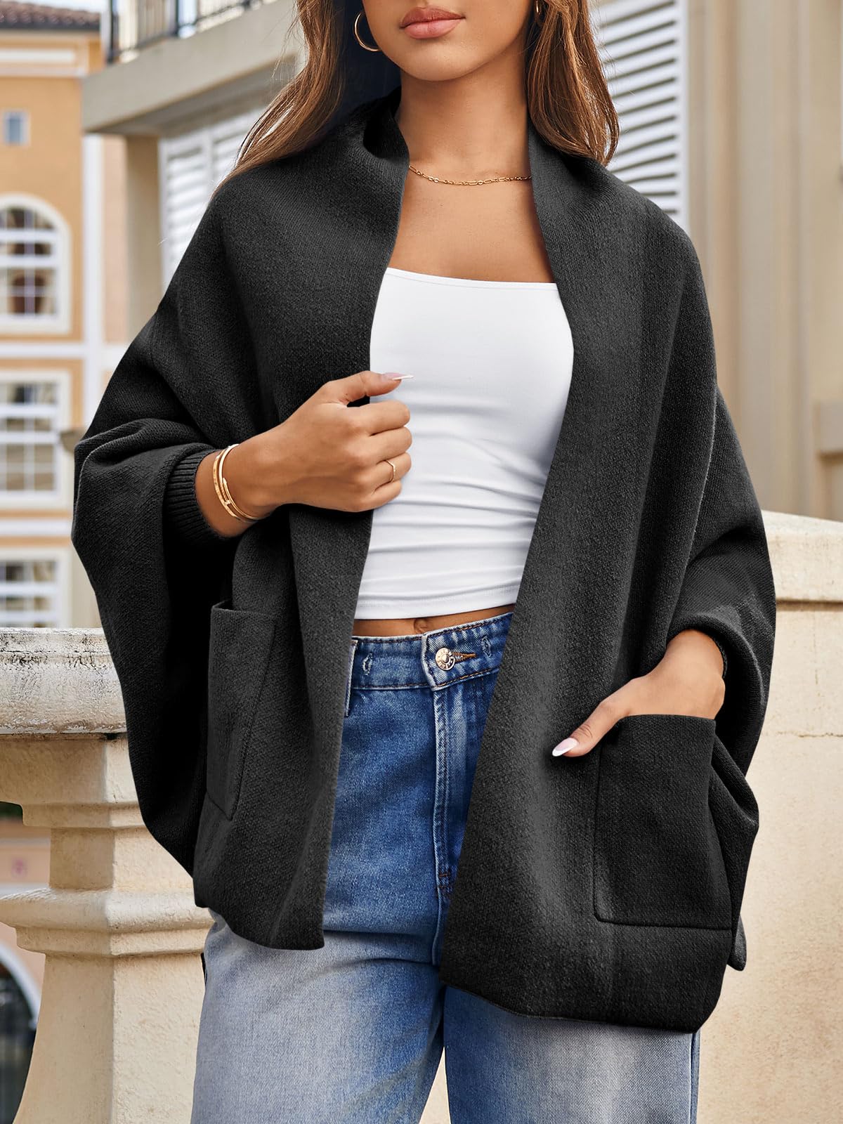 Foto 2 | Jersey Tipo Cárdigan Saodimallsu Con La Parte Delantera Abierta Batwing Para Mujer - Venta Internacional.