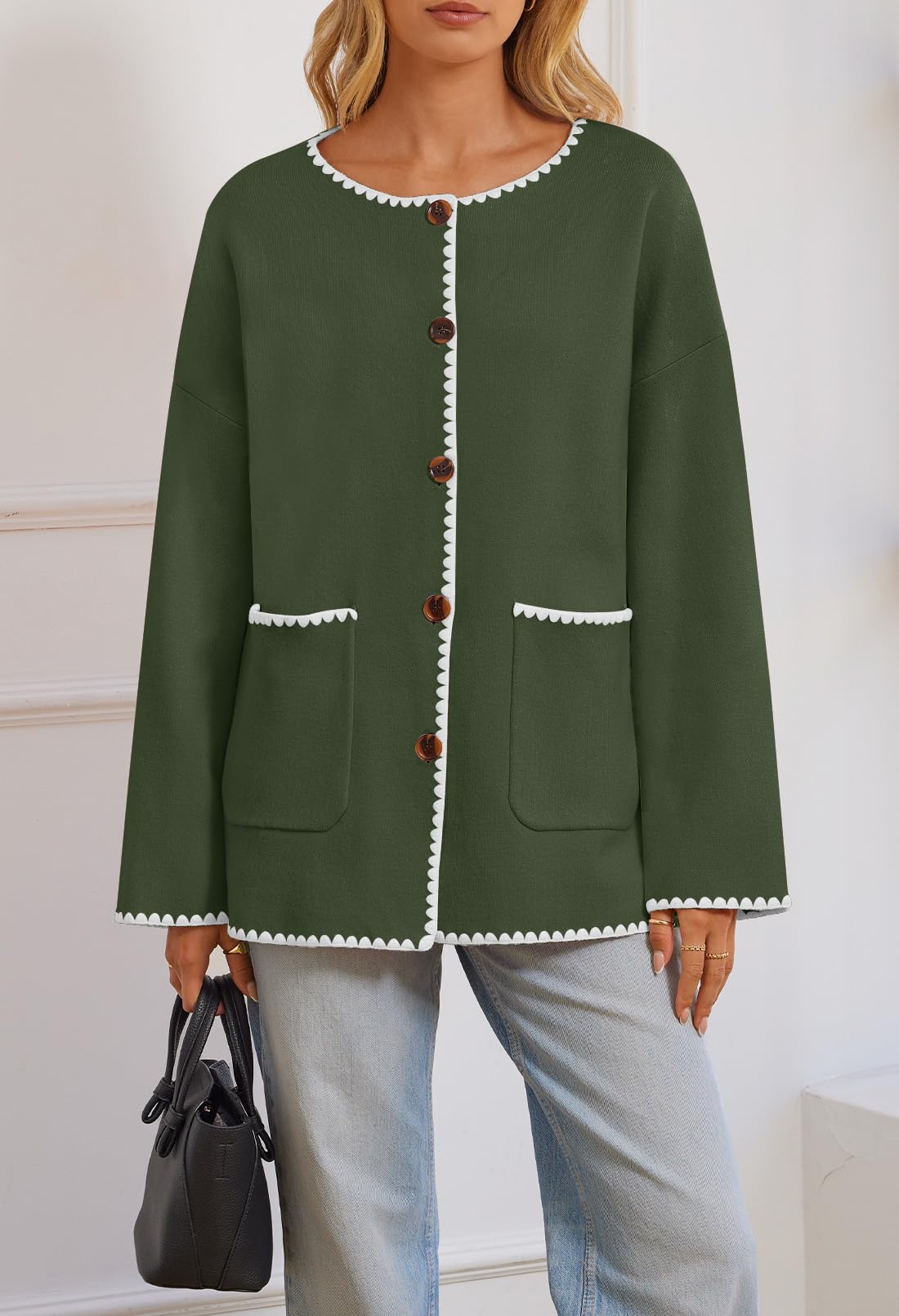 Foto 2 | Jersey Tipo Cárdigan Merokeety Para Mujer, Talla Extragrande, Color Verde Militar, Xl - Venta Internacional.