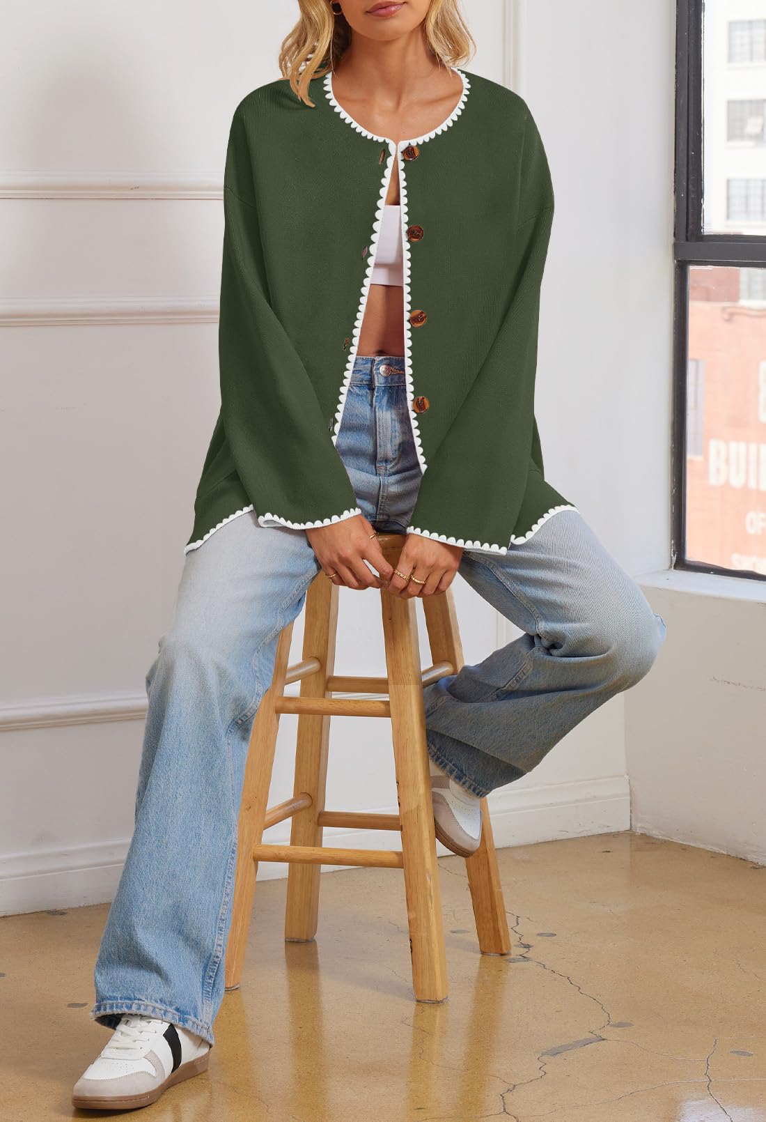 Foto 5 pulgar | Jersey Tipo Cárdigan Merokeety Para Mujer, Talla Extragrande, Color Verde Militar, Xl - Venta Internacional.