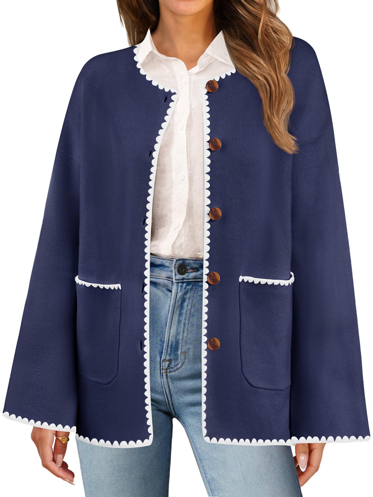 Foto 1 | Jersey Tipo Cárdigan Merokeety Para Mujer, Talla Grande, Azul Marino, Talla M - Venta Internacional.