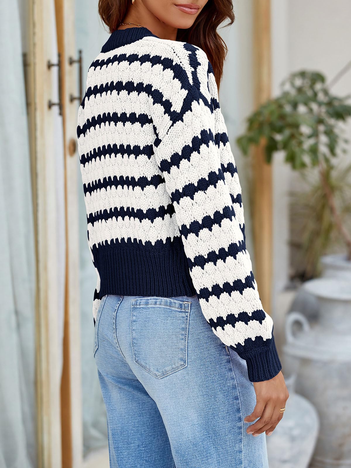 Foto 5 | Jersey Tipo Cárdigan Saodimallsu De Punto Corto A Rayas Azul Marino Para Mujer - Venta Internacional.