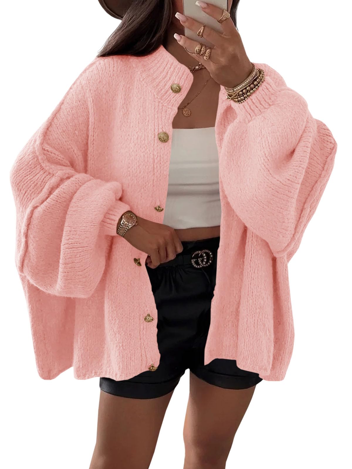 Foto 2 pulgar | Jersey Tipo Cárdigan Saodimallsu, De Punto Grueso, De Gran Tamaño, Rosa, Para Mujer - Venta Internacional.