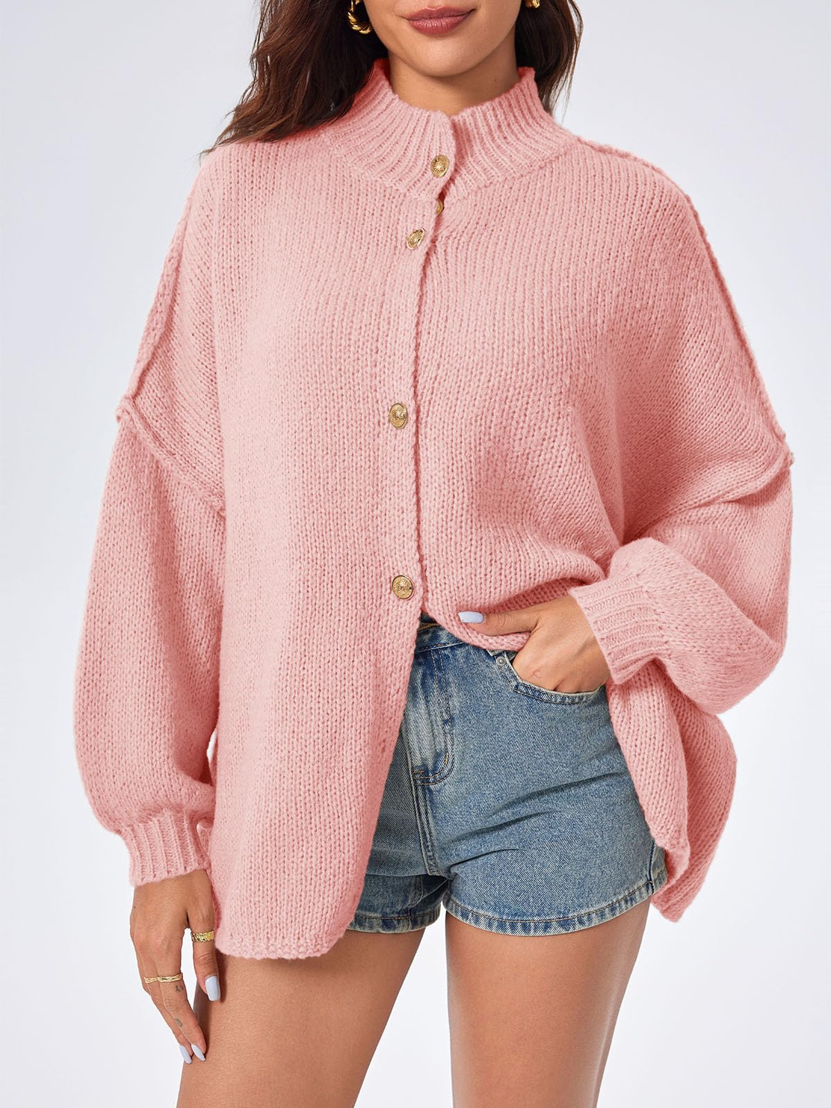 Foto 4 pulgar | Jersey Tipo Cárdigan Saodimallsu, De Punto Grueso, De Gran Tamaño, Rosa, Para Mujer - Venta Internacional.