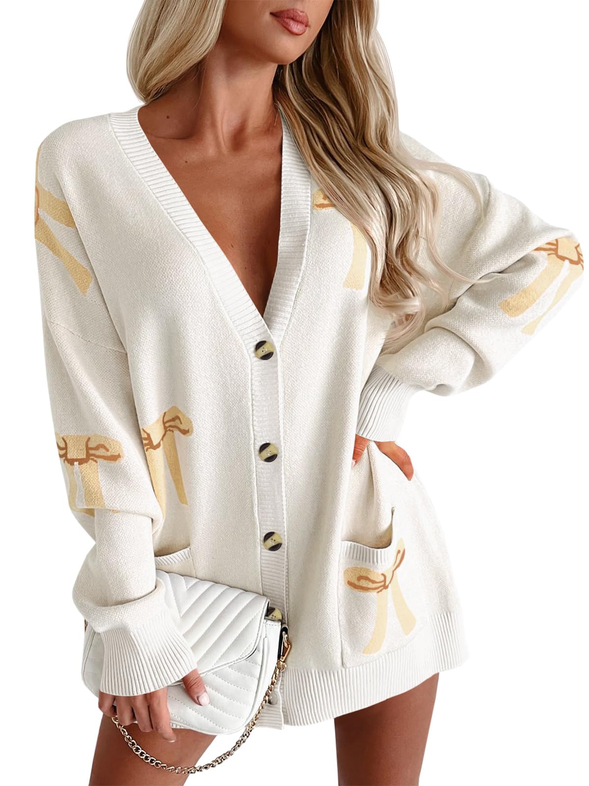 Jersey Tipo Cárdigan Saodimallsu Para Mujer, Cuello En V, Estampado De Lazo, Holgado - Venta Internacional.