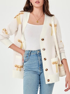 Foto 2 | Jersey Tipo Cárdigan Saodimallsu Para Mujer, Cuello En V, Estampado De Lazo, Holgado - Venta Internacional.