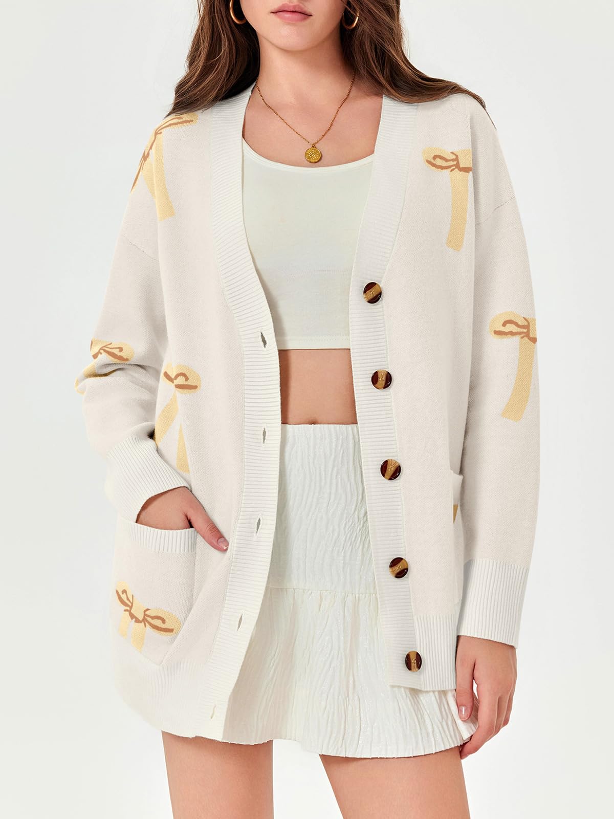 Foto 4 | Jersey Tipo Cárdigan Saodimallsu Para Mujer, Cuello En V, Estampado De Lazo, Holgado - Venta Internacional.