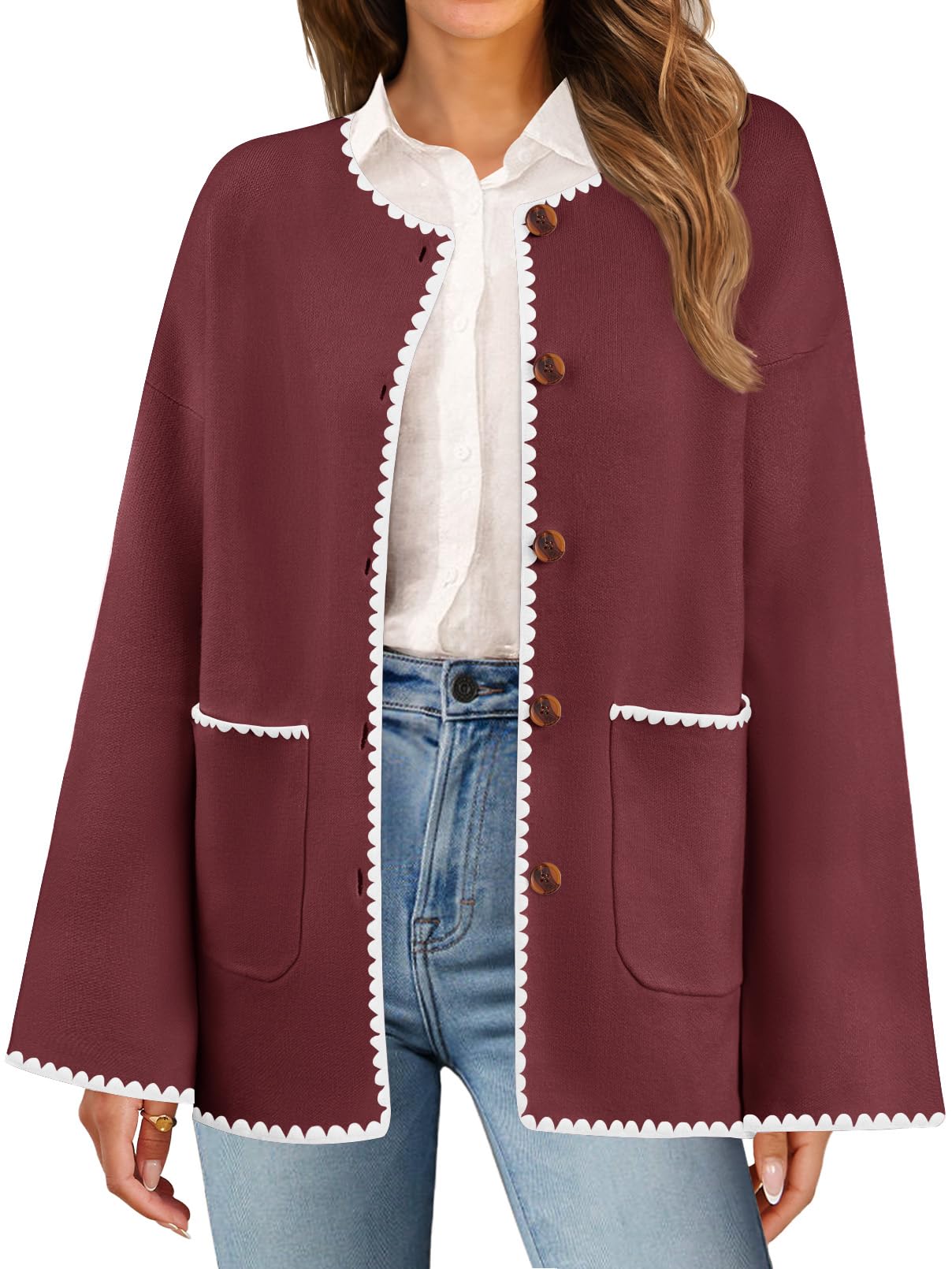 Foto 1 | Jersey Tipo Cárdigan Merokeety Para Mujer, De Gran Tamaño, Color Rojo Vino, Talla Pequeña - Venta Internacional.