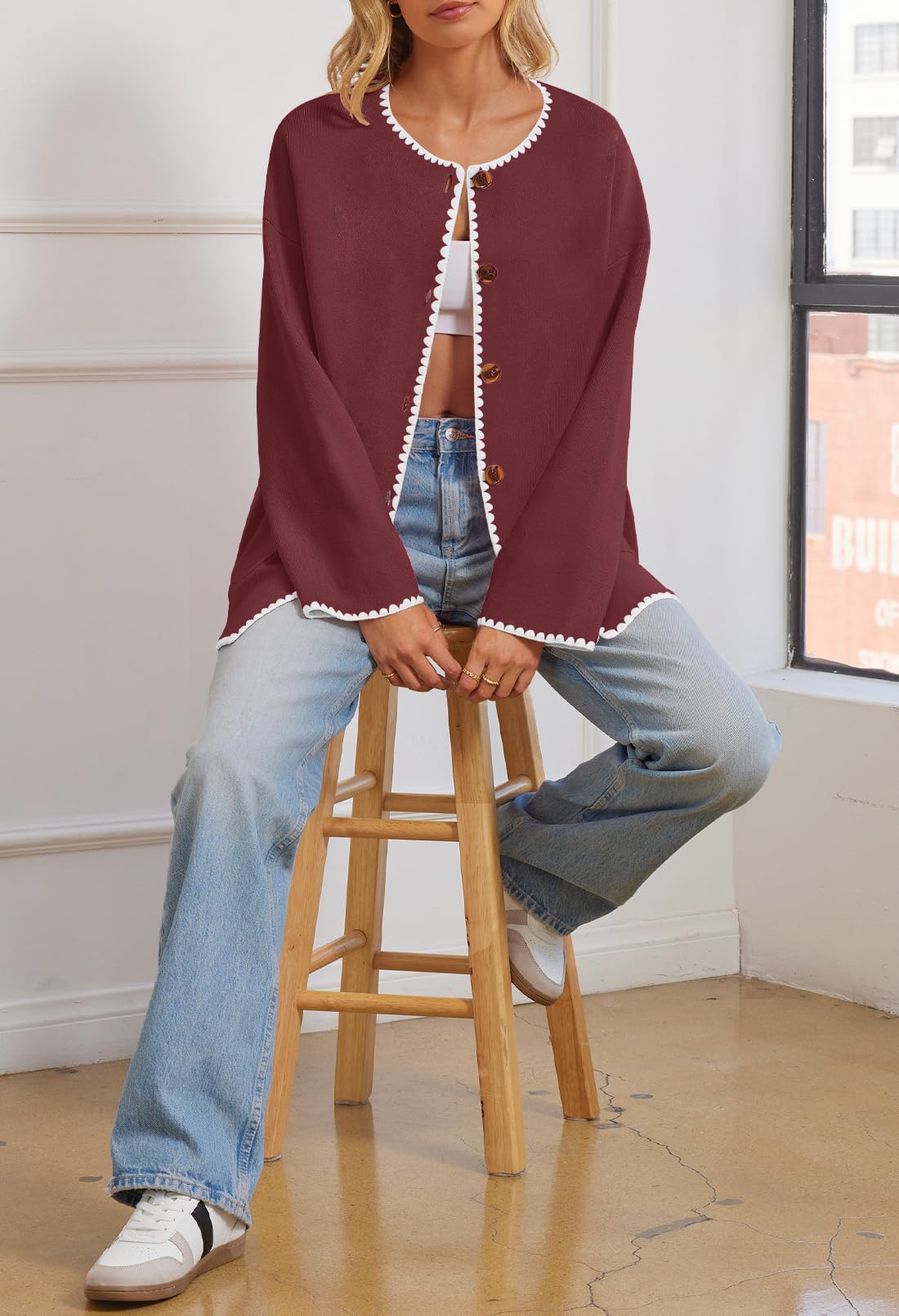 Foto 4 | Jersey Tipo Cárdigan Merokeety Para Mujer, De Gran Tamaño, Color Rojo Vino, Talla Pequeña - Venta Internacional.