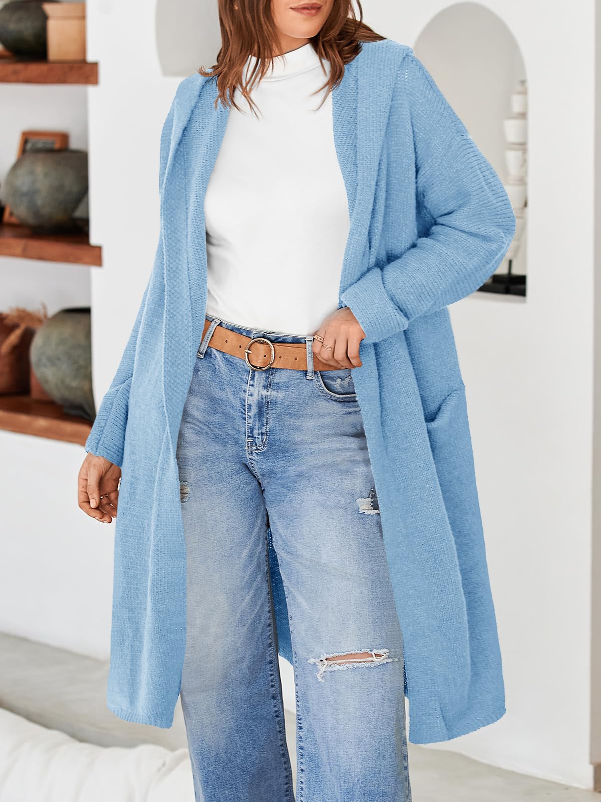 Foto 5 | Cárdigan Saodimallsu Para Mujer, De Gran Tamaño, Con Capucha Larga, Azul Cielo - Venta Internacional.