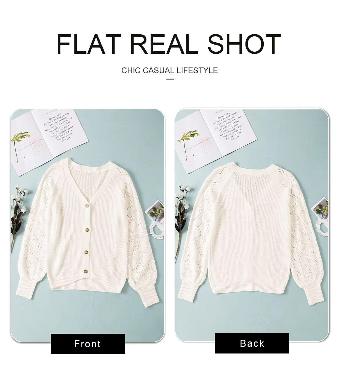 Foto 5 | Jersey Tipo Cárdigan, Elegante, Cuello En V, Linterna De Manga Larga, Blanco - Venta Internacional.