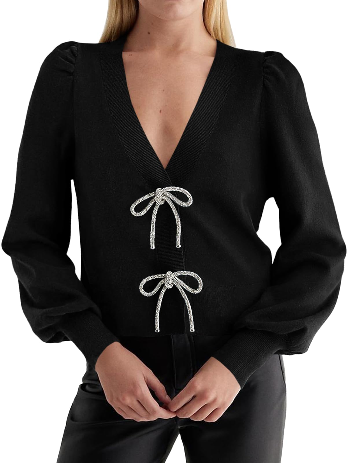Jersey Tipo Cárdigan Saodimallsu Puff, Manga Larga, Cuello En V, Negro - Venta Internacional.