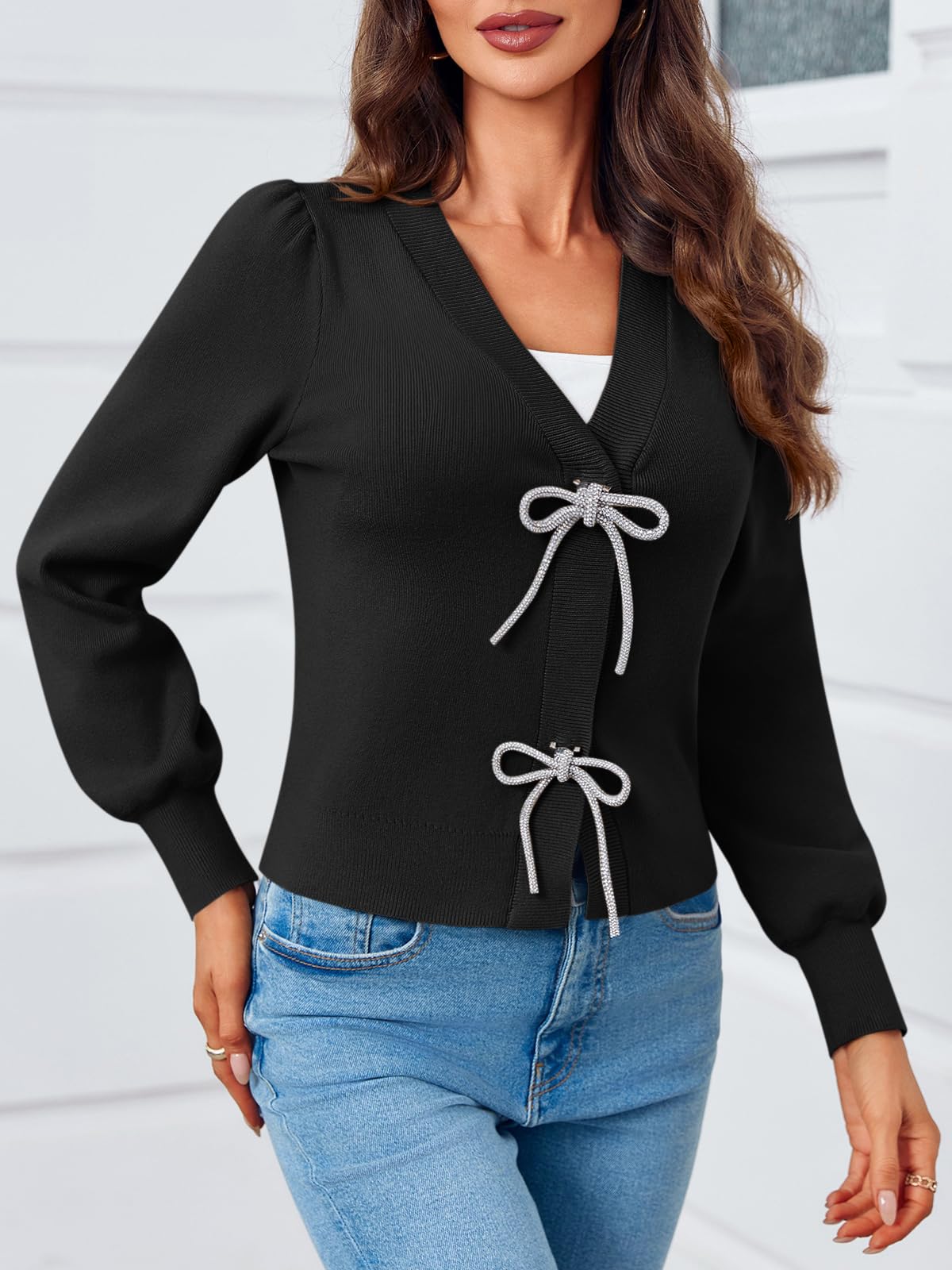 Foto 4 pulgar | Jersey Tipo Cárdigan Saodimallsu Puff, Manga Larga, Cuello En V, Negro - Venta Internacional.