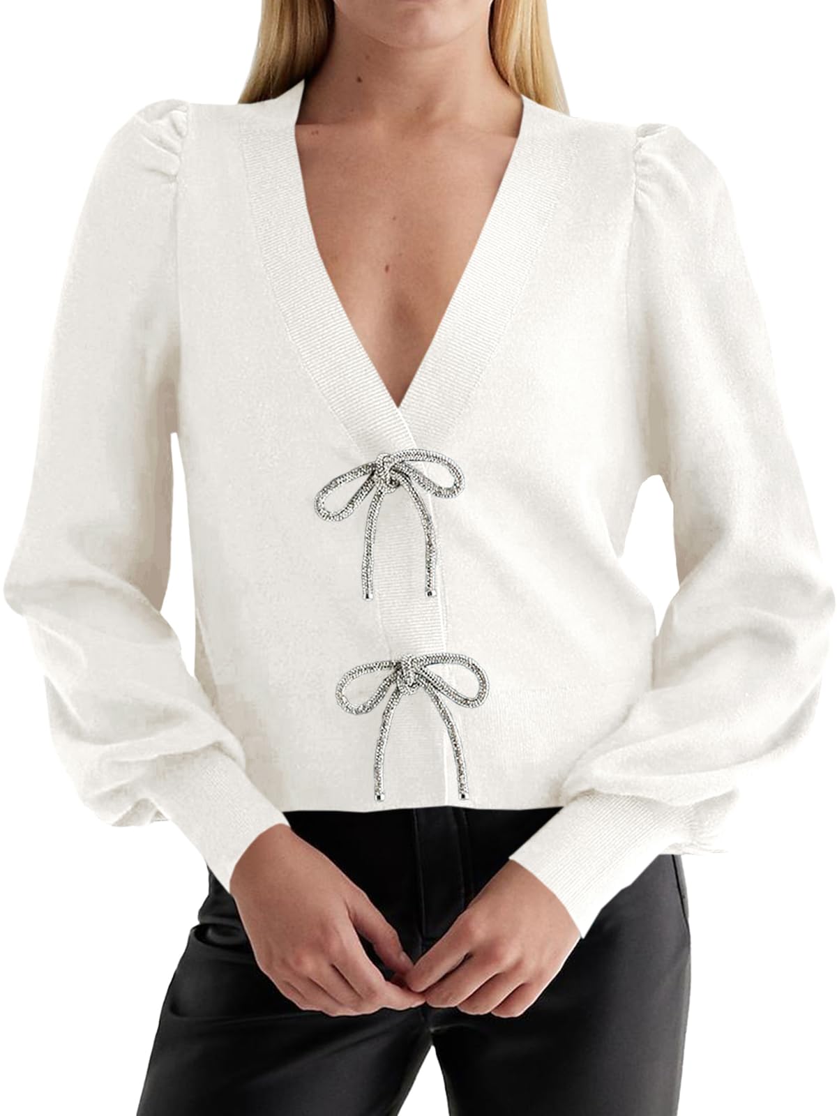 Jersey Tipo Cárdigan Saodimallsu Puff, Manga Larga, Cuello En V, Blanco - Venta Internacional.