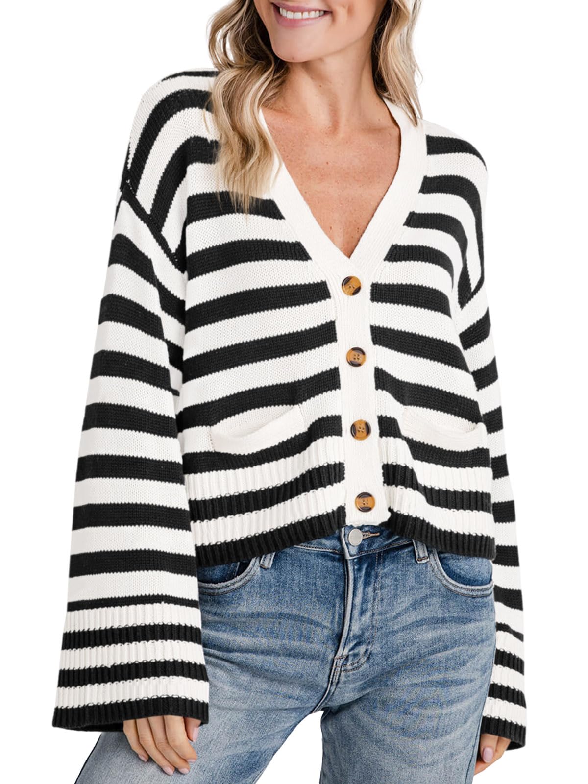 Jersey Tipo Cárdigan Saodimallsu A Rayas Para Mujer Negro - Venta Internacional.