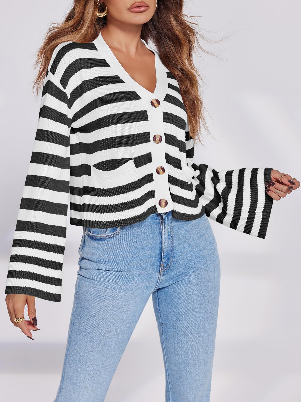 Foto 5 pulgar | Jersey Tipo Cárdigan Saodimallsu A Rayas Para Mujer Negro - Venta Internacional.