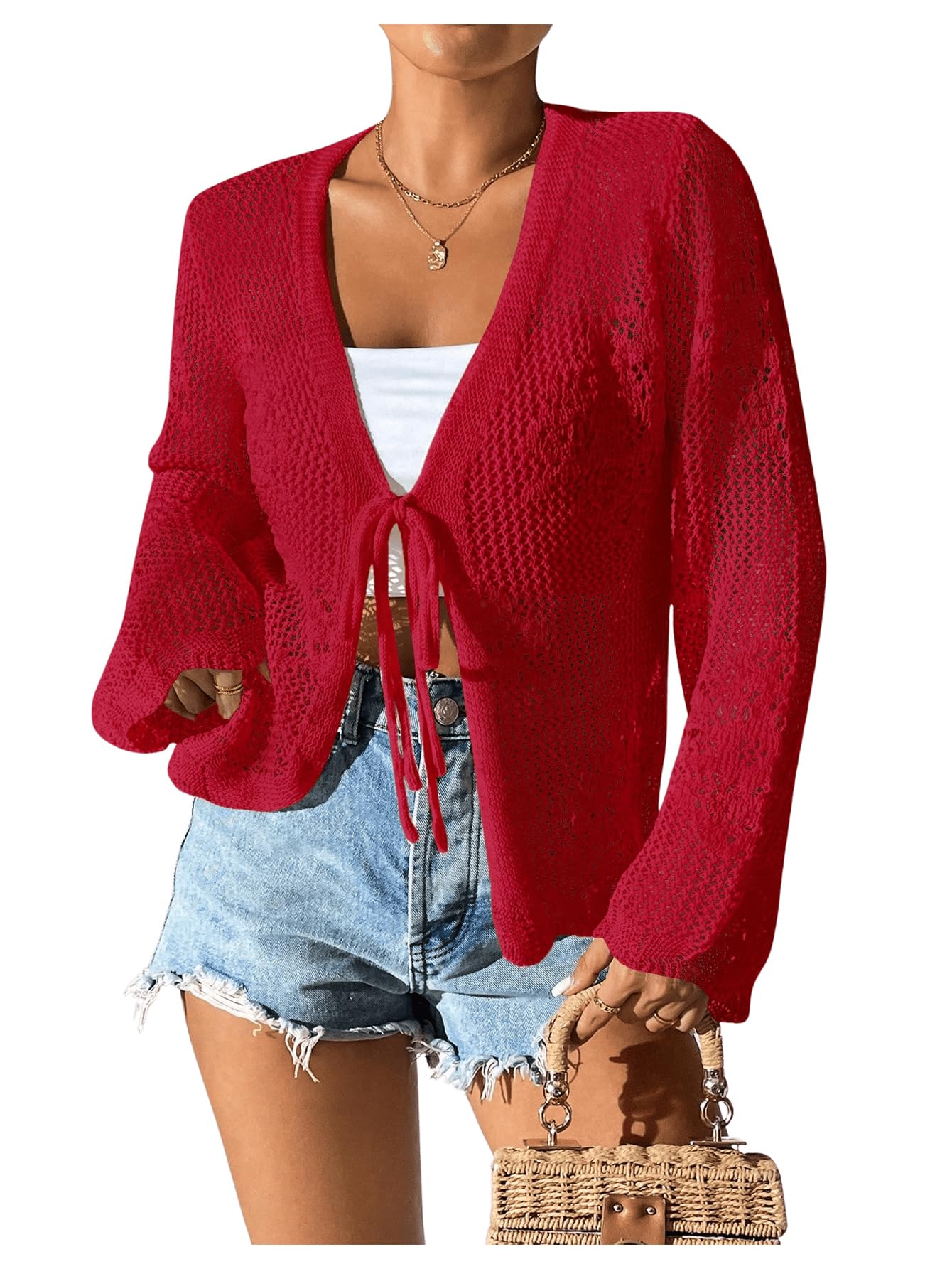 Jersey Tipo Cárdigan Con Estampado De Flores Y Lazo En La Parte Delantera, Color Rojo, Para Mujer - Venta Internacional