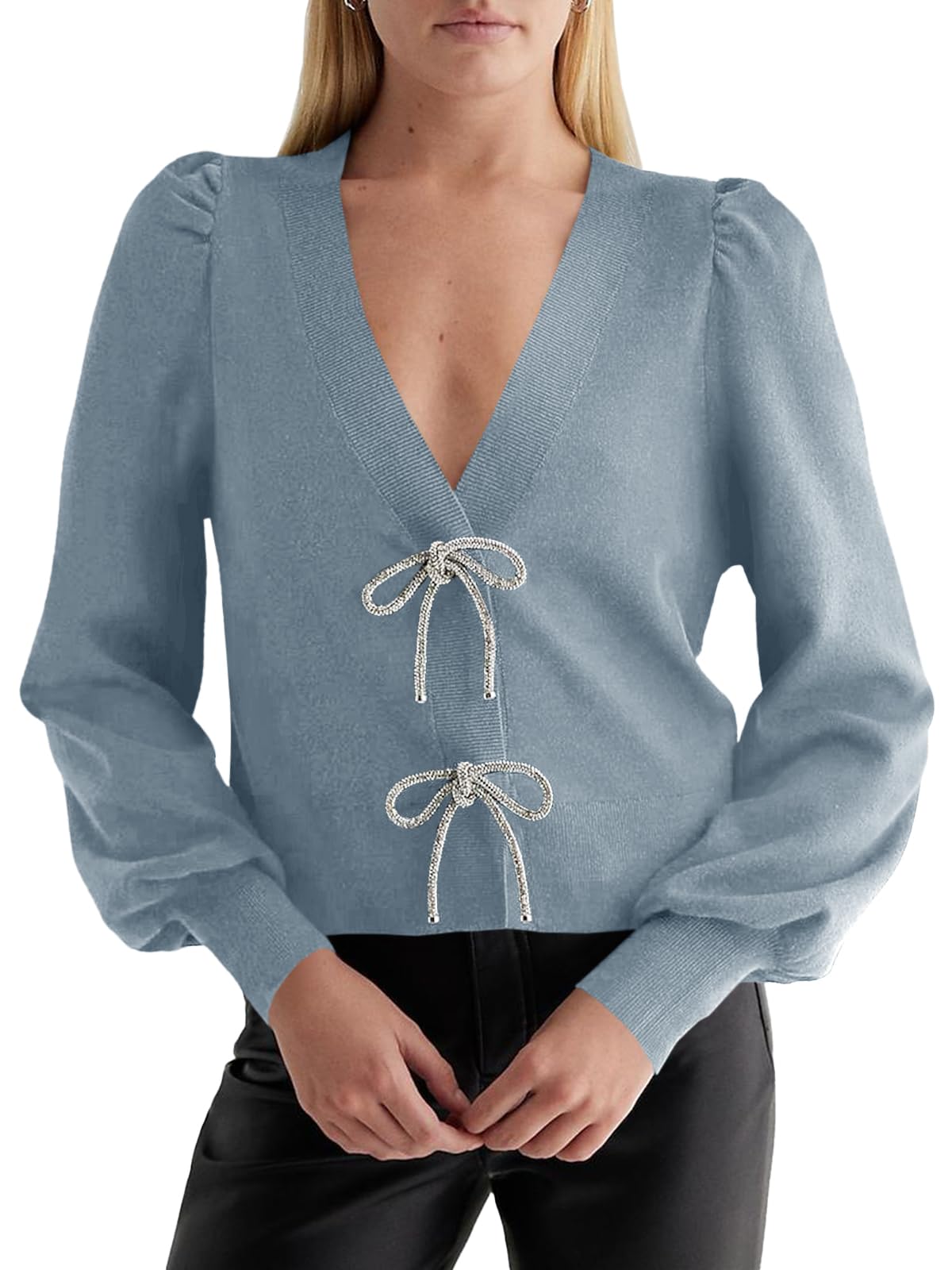Foto 1 | Suéter Tipo Cárdigan Saodimallsu Puff De Manga Larga Con Cuello En V Para Mujer - Venta Internacional.