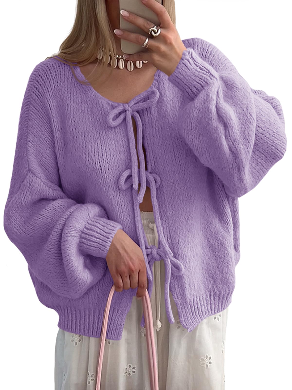 Jersey Tipo Cárdigan Saodimallsu Para Mujer Con Lazo En La Parte Delantera Y Manga Abullonada - Venta Internacional.