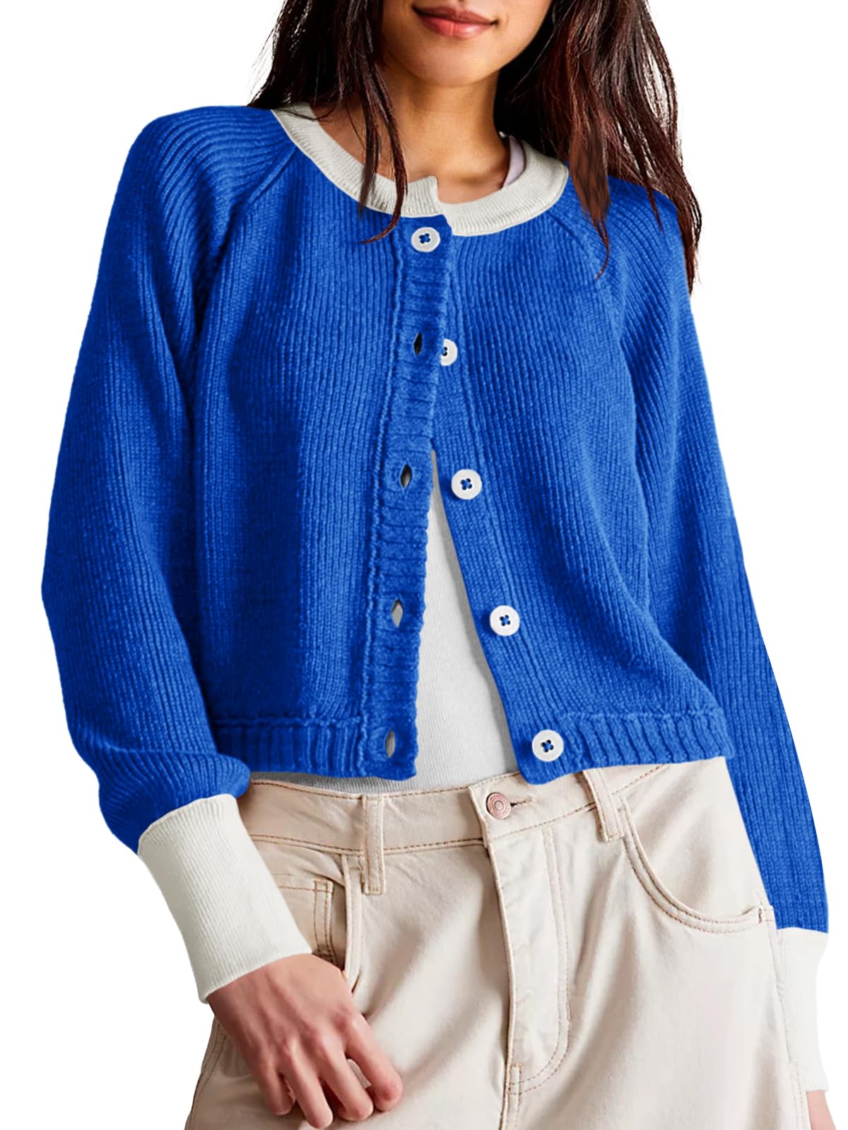 Foto 1 | Jersey Tipo Cárdigan Saodimallsu Para Mujer, Recortado, Color Azul Bloque - Venta Internacional.
