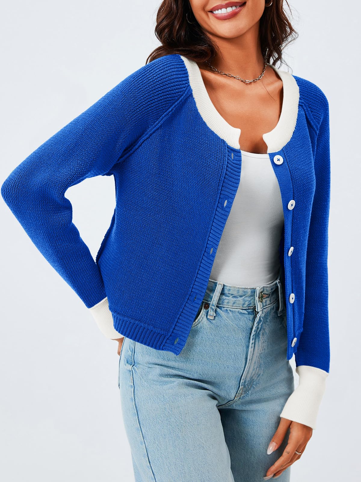 Foto 4 pulgar | Jersey Tipo Cárdigan Saodimallsu Para Mujer, Recortado, Color Azul Bloque - Venta Internacional.