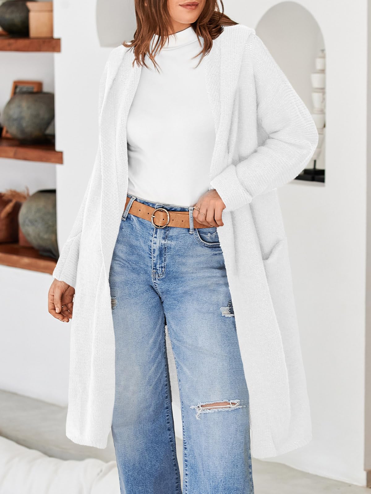Foto 5 | Cárdigan Saodimallsu Para Mujer, De Gran Tamaño, Con Capucha, Largo, Blanco - Venta Internacional.