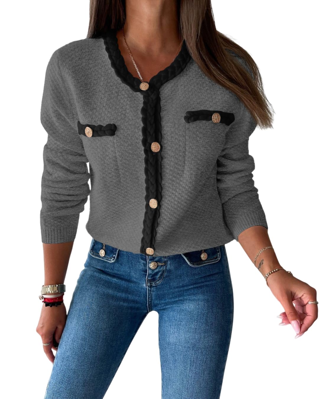 Foto 2 pulgar | Jersey Tipo Cárdigan Saodimallsu De Punto Trenzado Con Botones Para Mujer - Venta Internacional.