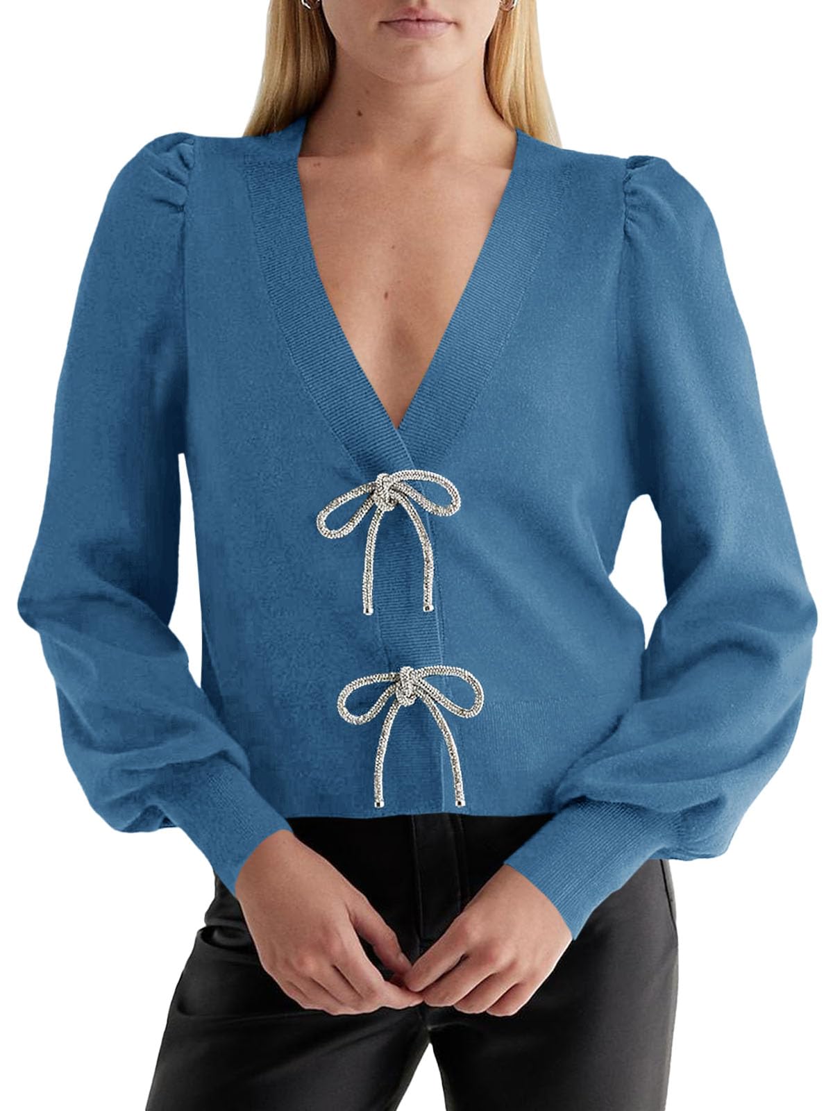 Jersey Tipo Cárdigan Saodimallsu Puff, Manga Larga, Cuello En V, Azul - Venta Internacional.