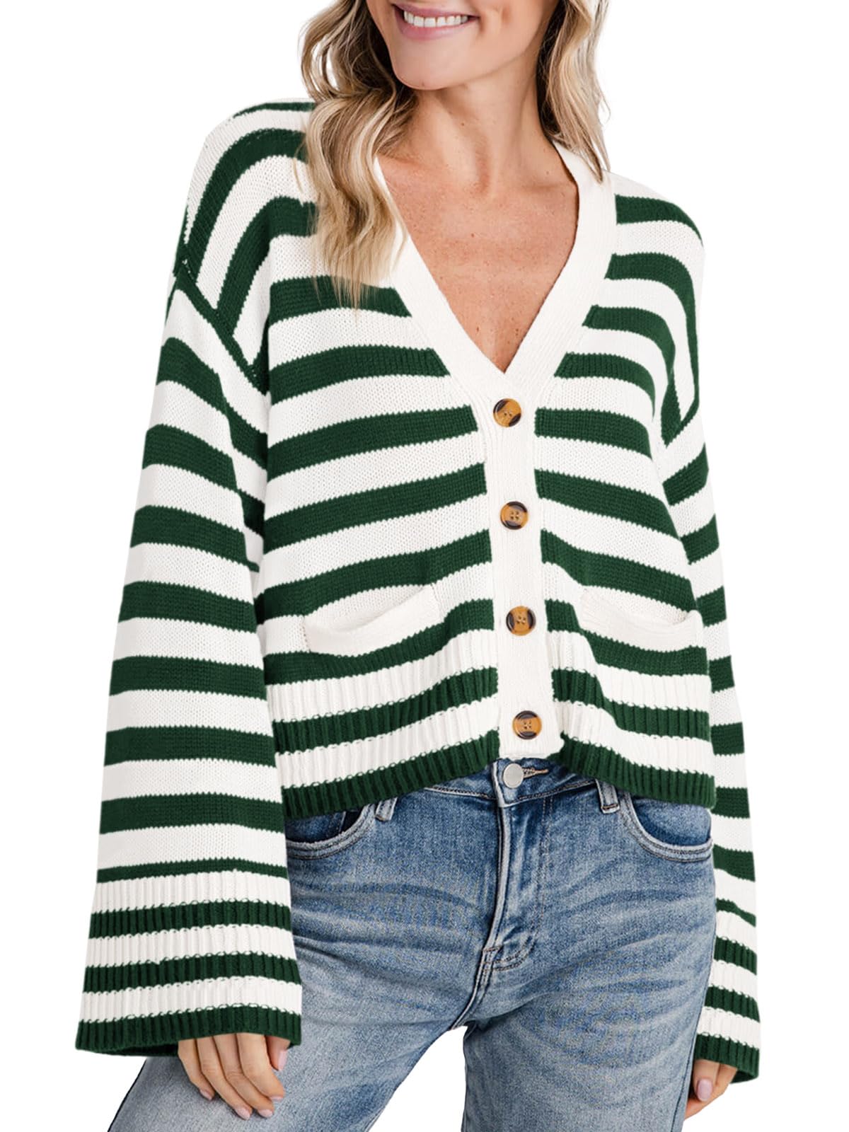 Jersey Tipo Cárdigan Saodimallsu De Algodón Verde Oscuro A Rayas Para Mujer - Venta Internacional.
