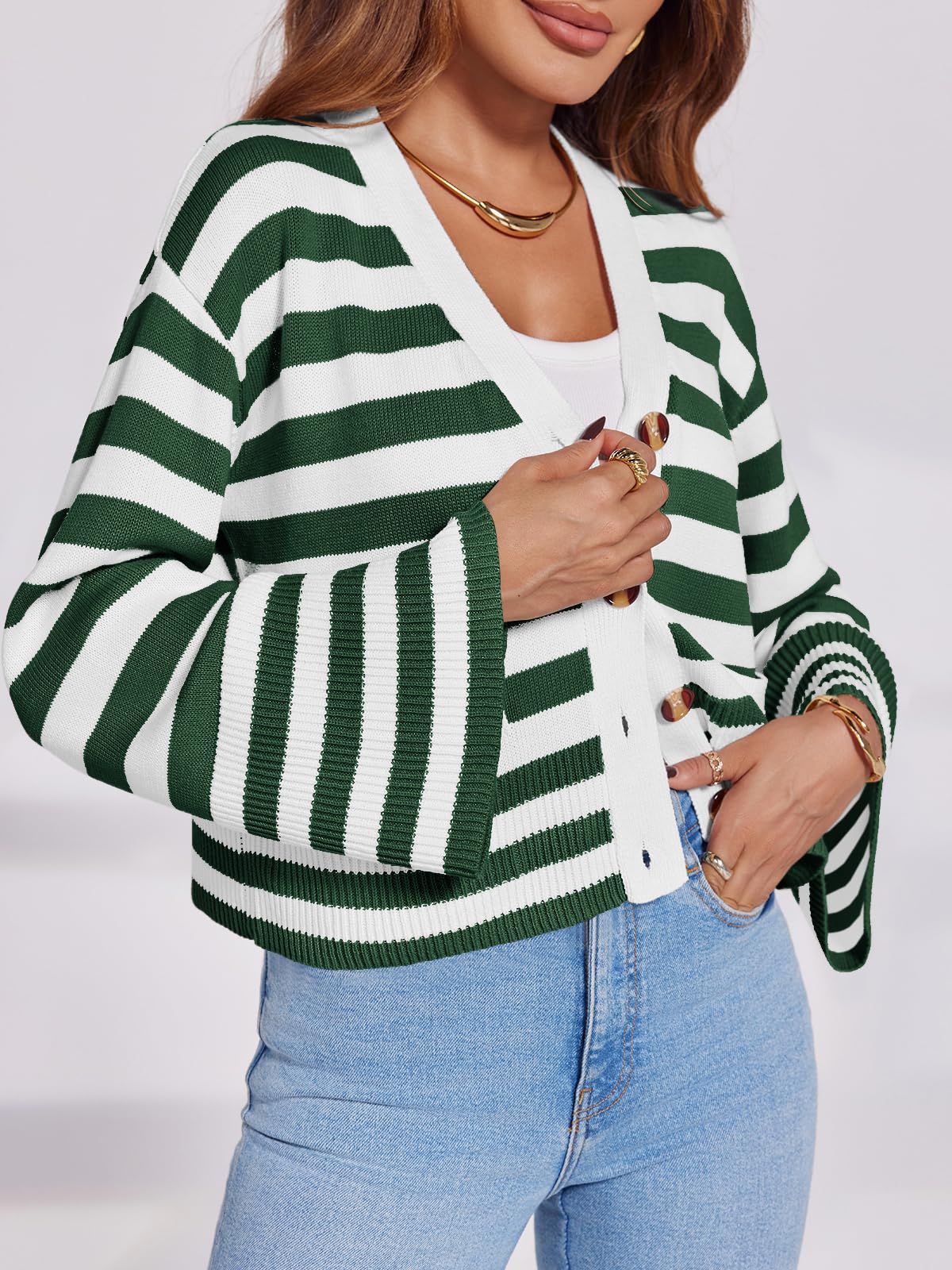 Foto 3 pulgar | Jersey Tipo Cárdigan Saodimallsu De Algodón Verde Oscuro A Rayas Para Mujer - Venta Internacional.