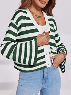 Foto 2 | Jersey Tipo Cárdigan Saodimallsu De Algodón Verde Oscuro A Rayas Para Mujer - Venta Internacional.