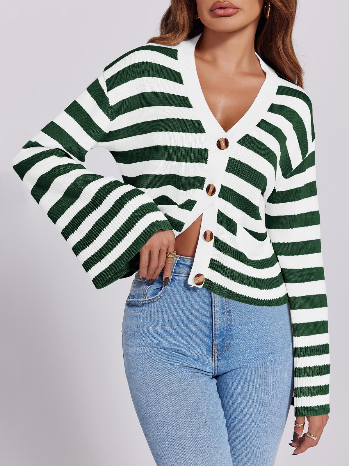 Foto 4 pulgar | Jersey Tipo Cárdigan Saodimallsu De Algodón Verde Oscuro A Rayas Para Mujer - Venta Internacional.
