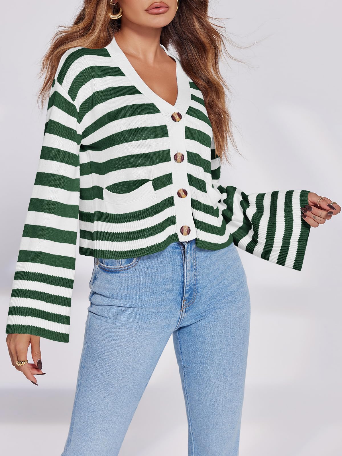 Foto 5 pulgar | Jersey Tipo Cárdigan Saodimallsu De Algodón Verde Oscuro A Rayas Para Mujer - Venta Internacional.
