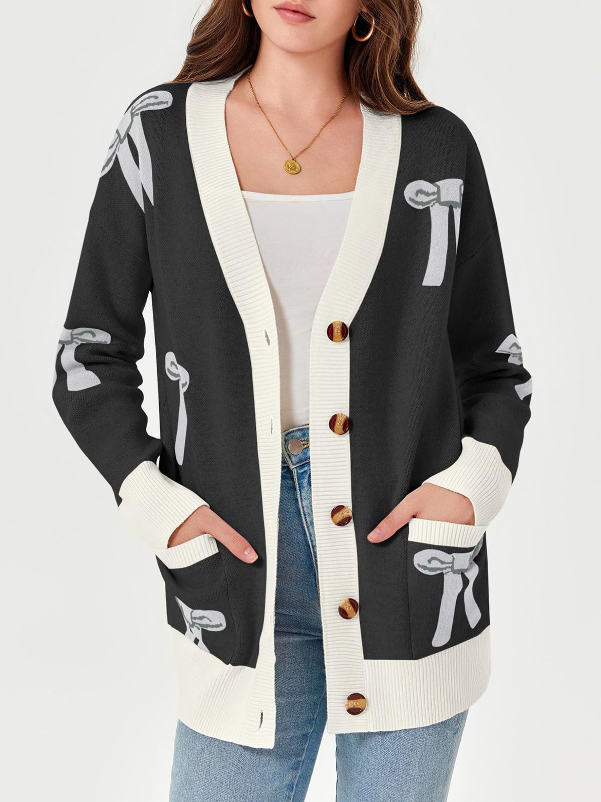 Foto 4 pulgar | Jersey Tipo Cárdigan Saodimallsu De Gran Tamaño Con Estampado De Lazo Para Mujer - Venta Internacional.