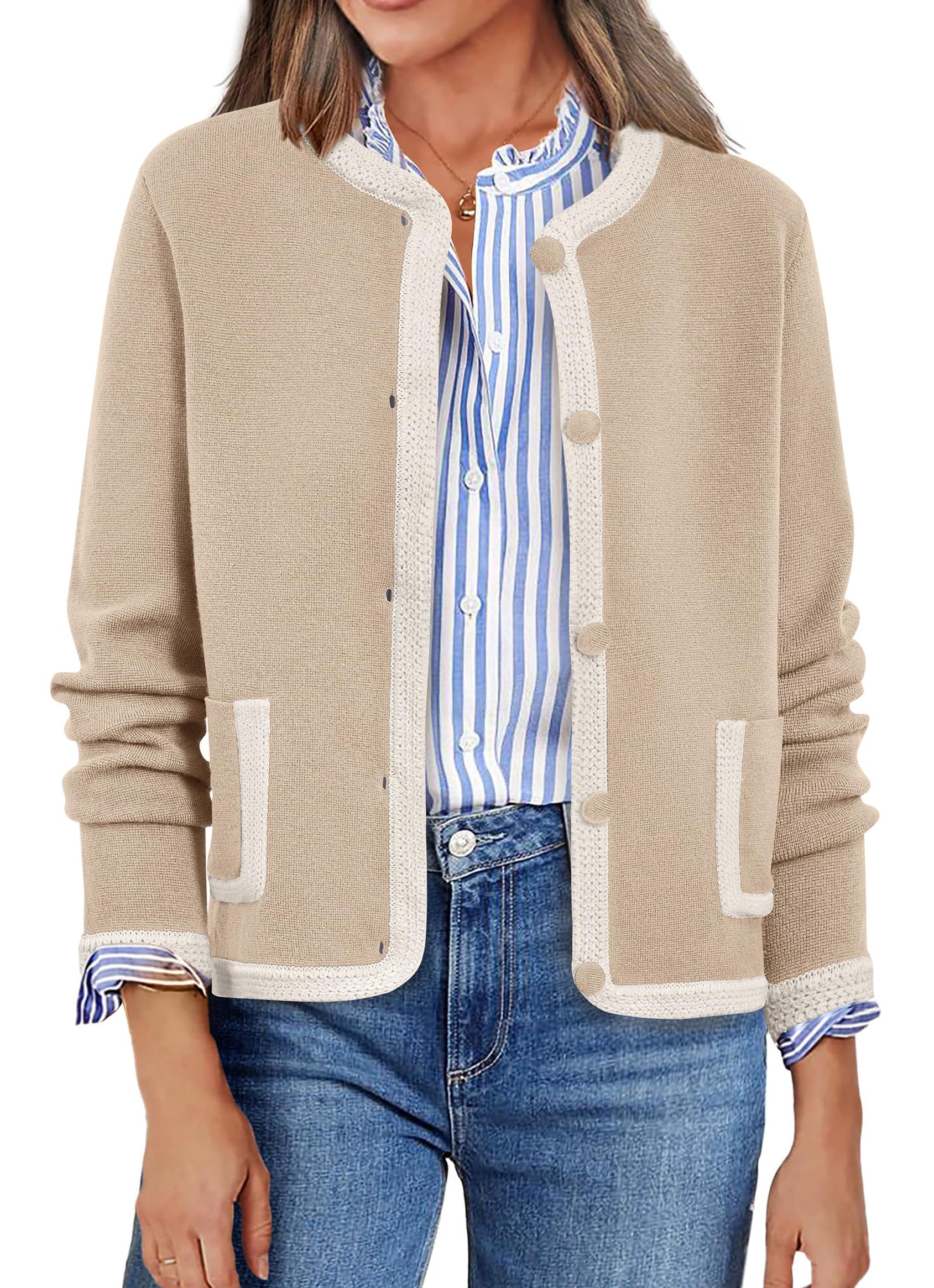 Foto 1 | Jersey Tipo Cárdigan Prettygarden Para Mujer, Color Caqui Con Botones - Venta Internacional.