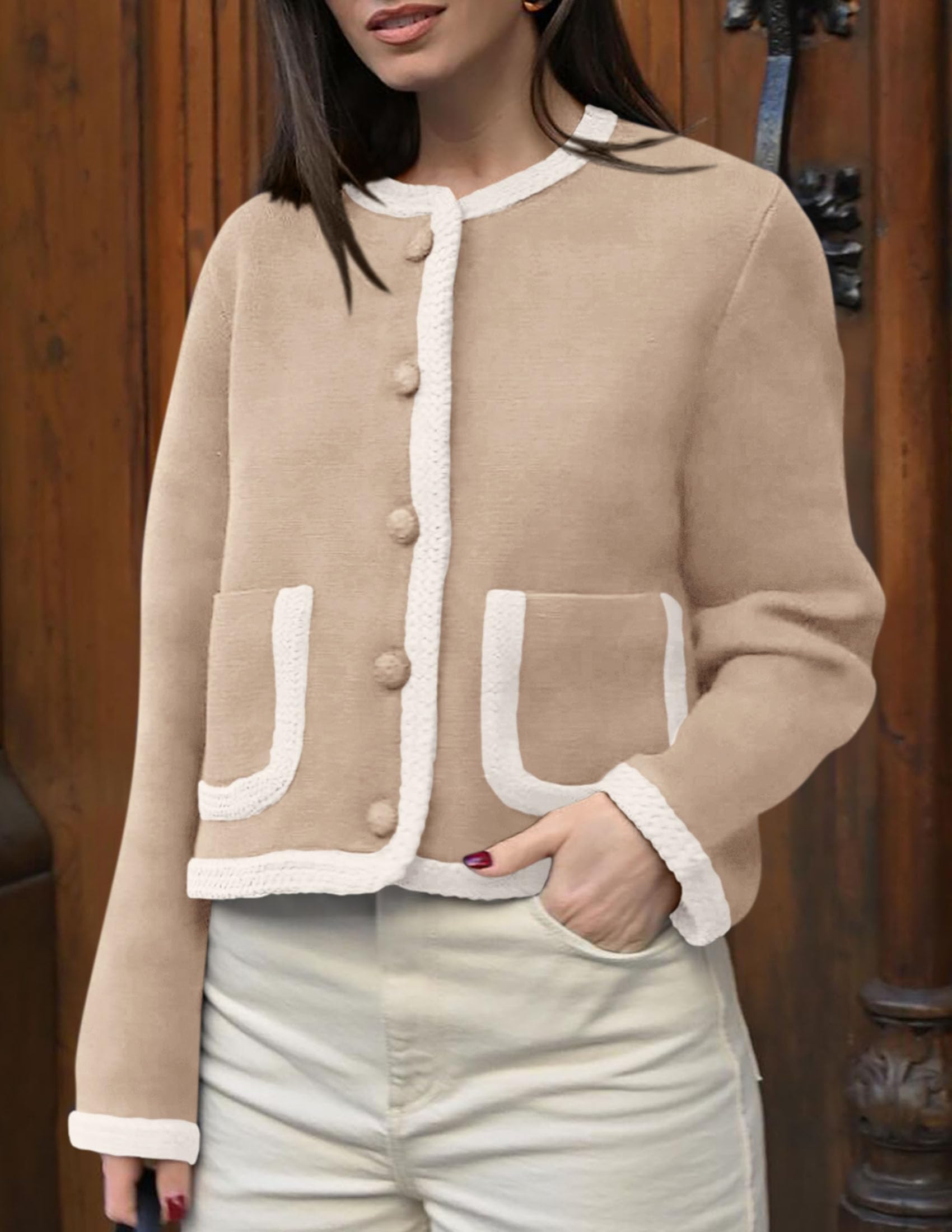 Foto 7 | Jersey Tipo Cárdigan Prettygarden Para Mujer, Color Caqui Con Botones - Venta Internacional.