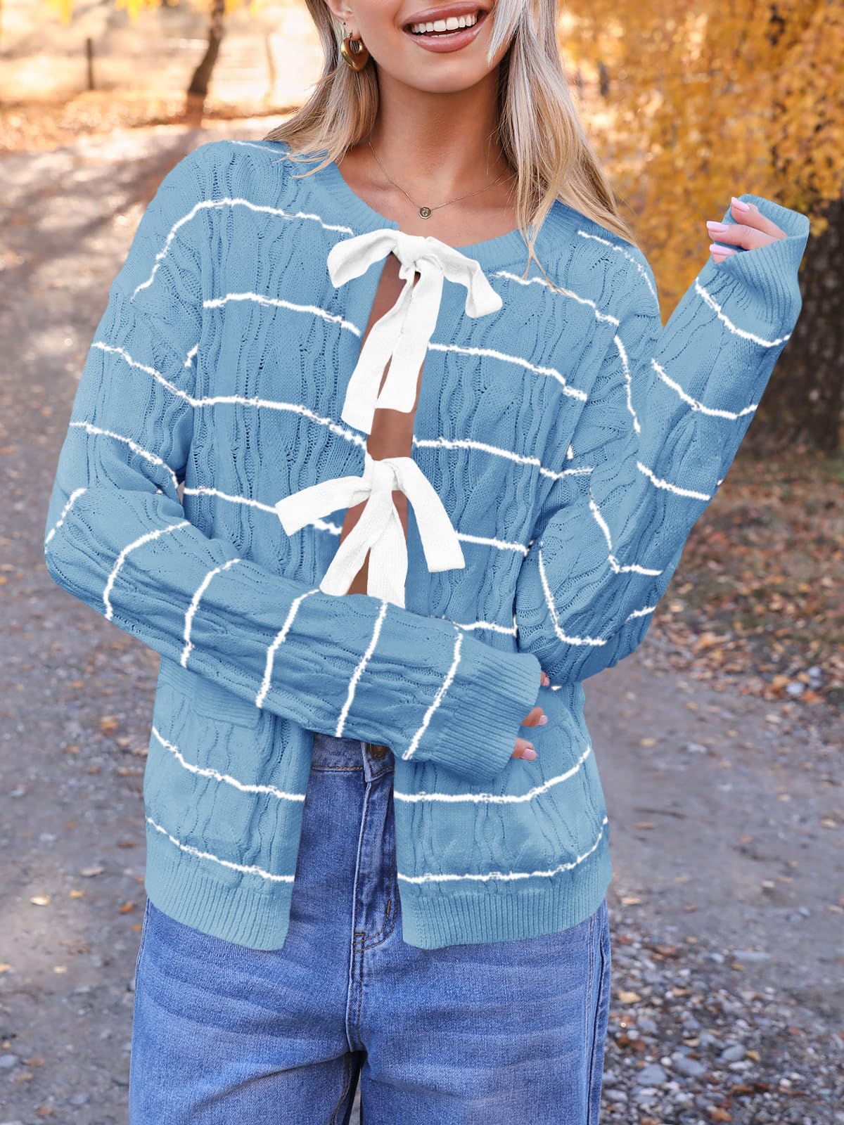Foto 4 pulgar | Jersey Tipo Cárdigan Saodimallsu A Rayas Con Lazo En La Parte Delantera Para Mujer, Azul - Venta Internacional.